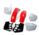 UFO Plastic Kit CR500 95-01 OEM
Kit includes:
- Front Fender Red
- Rear Fender Red
- Side Panels White
- Radiator Scoops Black
- Front Number Plate White